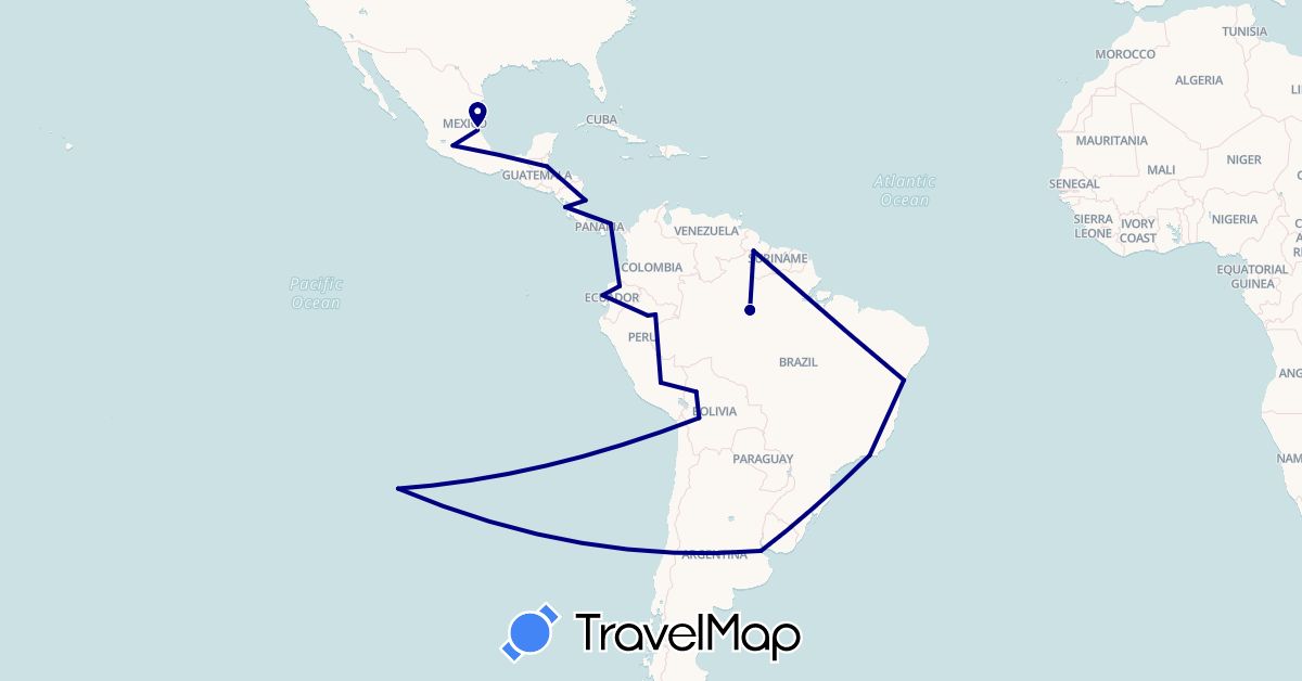 TravelMap itinerary: driving in Argentina, Bolivia, Brazil, Belize, Chile, Ecuador, Guyana, Mexico, Nicaragua, Panama, Peru (North America, South America)